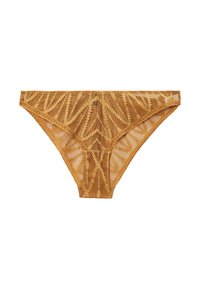 Bikini en dentelle jaune moutarde avec un motif de feuilles et des découpes complexes, avec une coupe taille basse et une texture douce.