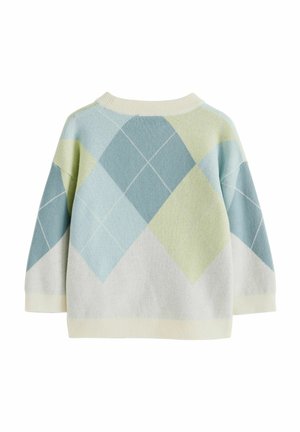 Knitted sweater with an argyle pattern in light blue, mint green, and cream. Features a crew neckline and three-quarter sleeves.