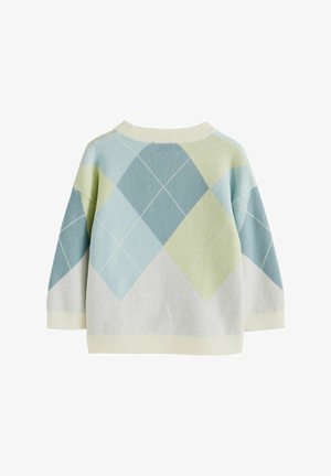 Strikket sweater med et argyle-mønster i lys blå, mintgrøn og creme. Har en rund halsudskæring og 3/4 ærmer.
