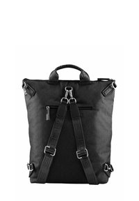 Zaino in tessuto nero con doppie cinghie per le spalle, maniglia superiore, tasca frontale con zip e dettagli in metallo. Design rettangolare semplice.