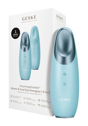 Lichtblauw GESKE Warm & Cool Eye Energizer-apparaat met metalen applicator, met pictogrammen voor warme en koele modus naast de productverpakking.
