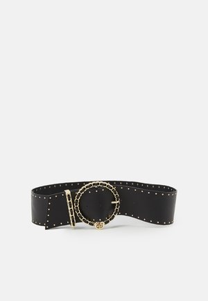 Szeroki czarny pasek z złotymi ćwiekami i ozdobną okrągłą złotą klamrą z wzorem łańcucha.