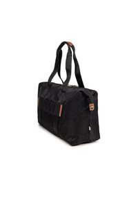 Sort duffel bag med en rektangulær form, lavet af glat stof, med robuste bærestropper og brune læderdetaljer på siderne.