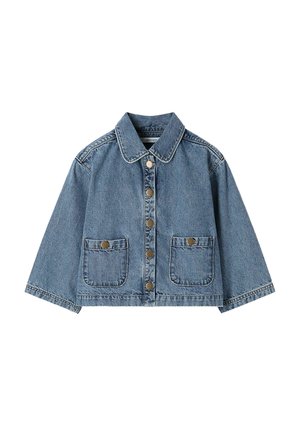 Veste en jean bleue avec manches larges, fermeture à boutons sur le devant, col, et deux poches plaquées à l'avant avec fermetures à boutons.