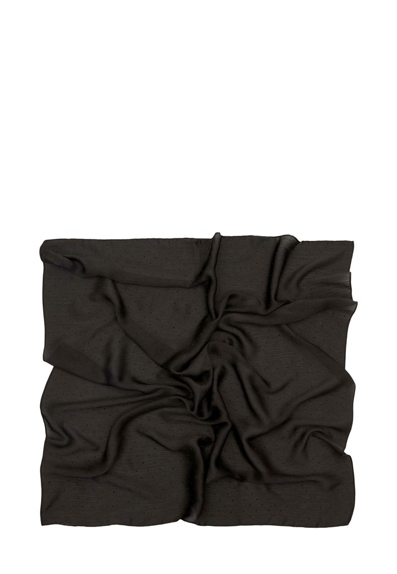 Czarna tkanina ułożona w fałdy, posiadająca subtelny wzór teksturowy z małymi kropkami. Miękki, lekki i gładki materiał.