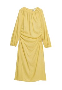 Gelbes, langärmeliges Kleid mit runder Ausschnitt. Raffinierte Seitendetails und Bindebänder in der Taille. Weicher, leichter Stoff mit einem fließenden Design.