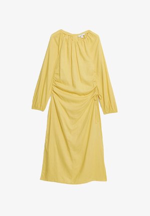 Robe jaune à manches longues avec un col rond. Détails froncés sur les côtés et liens à la taille. Tissu doux et léger avec un design fluide.