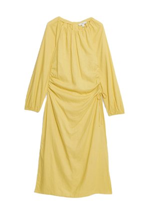 Gelbes Midikleid mit langen Ärmeln, gerafftem Ausschnitt und gerafftem seitlichem Bindedetail, aus leichtem Stoff.