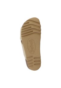 Sole di sandal con tonalità marrone e beige, caratterizzata da una texture rigata e una forma arrotondata. Presenta un logo ovale al centro, che indica il nome del marchio 'Scholl'.