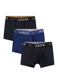 Tre par af boxershorts i mørke farver: sort, navy og mørkegrå. Elastiske taljebånd har kontrasterende mærketekst og logo.
