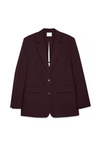 Bordeaux blazer met een notch lapel, twee voorzakken en een enkele borstzak. Gemaakt van een gladde stof met een sluiting met twee knopen.