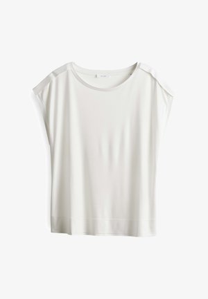 Top bianco a maniche corte realizzato in tessuto morbido, con scollatura rotonda e spalle leggermente scese per una vestibilità rilassata.