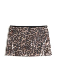 Fustă mini cu imprimeu leopard confecționată din țesătură cu paiete, având un elastic negru la talie. Suprafața prezintă o textură nervurată verticală și accente strălucitoare.