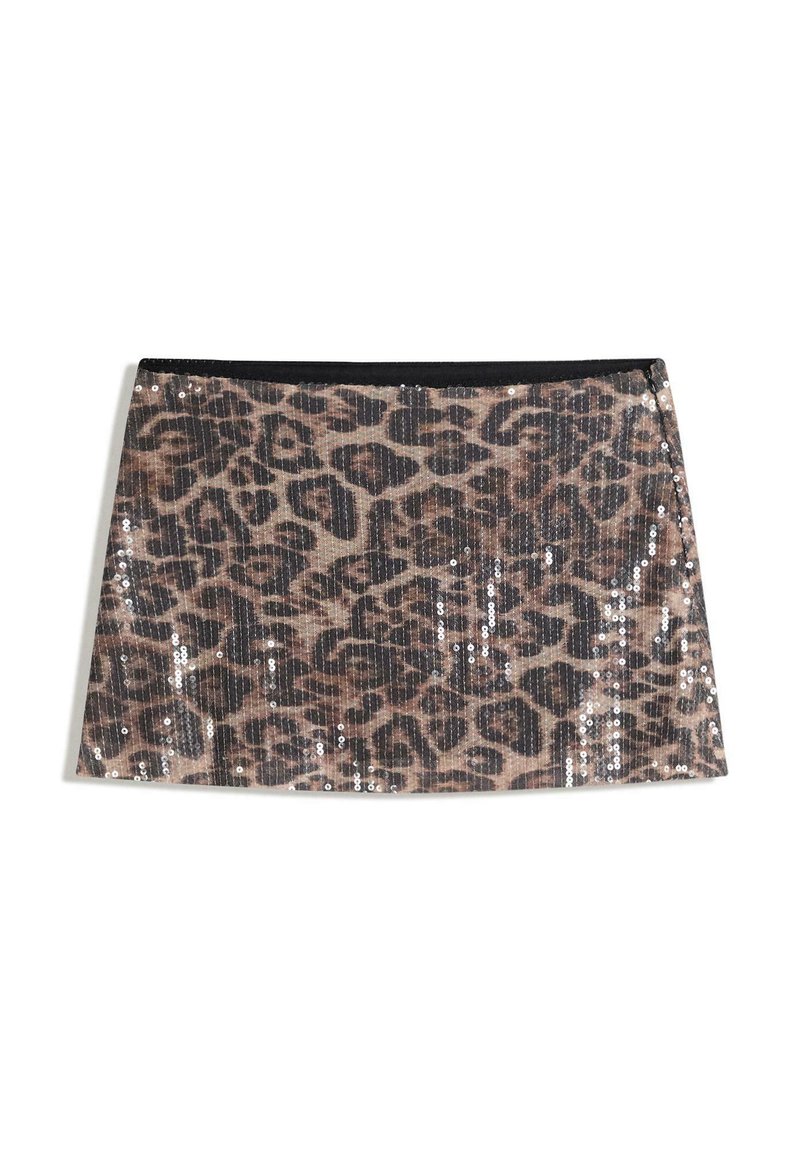 Fustă mini cu imprimeu leopard confecționată din țesătură cu paiete, având un elastic negru la talie. Suprafața prezintă o textură nervurată verticală și accente strălucitoare.