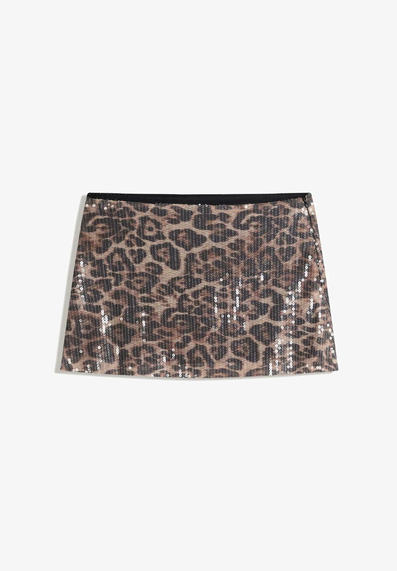 Mini sukňa s leopardím vzorom vyrobená z flitrovanej látky s čiernym pásom. Povrch má vertikálnu ryhovanú textúru a lesklé akcenty.
