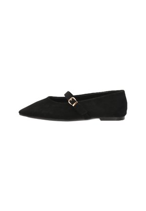 Bailarinas de ante negro con punta afilada, tira central y un pequeño detalle de hebilla. Suela plana con un diseño minimalista.