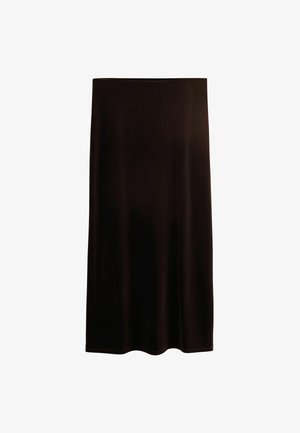 Jupe midi noire avec une coupe droite et sans motifs ni embellissements visibles, présentée sur un fond blanc.