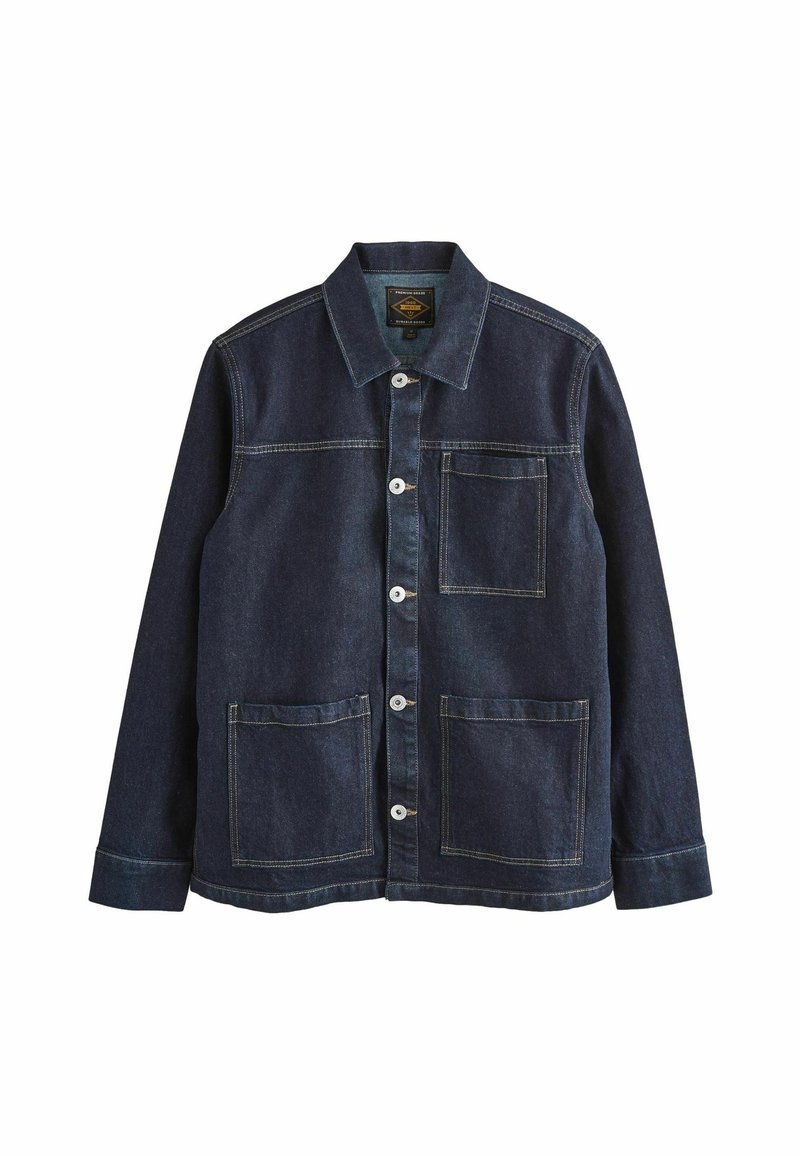 Dark blue denim jacket with long sleeves, a collar, button front, and three large front pockets, displayed on a white background.