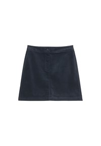 Gonna in cotone blu navy con taglio dritto, chiusura frontale con bottoni e finitura lucida. Presenta una tasca frontale e nessun motivo.