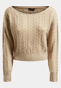 Maglione beige lavorato a maglia con motivo a trecce, scollo rotondo e orlo e maniche a coste. Tessuto strutturato che conferisce un aspetto accogliente. Etichetta del marchio visibile.