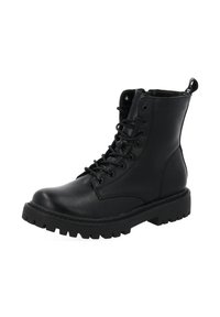 Stivale da combattimento in pelle nera con punta tonda, chiusura a lacci, colletto imbottito e suola in gomma spessa con battistrada pronunciato.