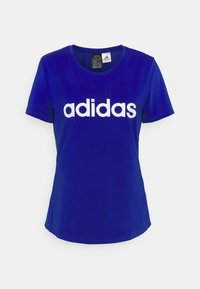 Blue Adidas t-shirt with a round neckline, short sleeves, and white logo on the front; made of smooth, breathable fabric.