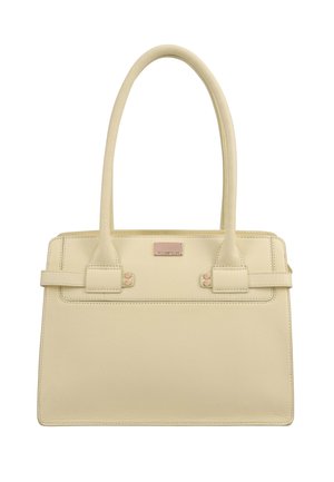 Beige leren handtas met twee lange handvatten, rechthoekige vorm, minimale stiksels en een klein metalen merkembleem aan de voorkant.