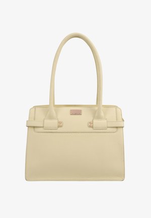 Beige leren handtas met twee lange handvatten, rechthoekige vorm, minimale stiksels en een klein metalen merkembleem aan de voorkant.