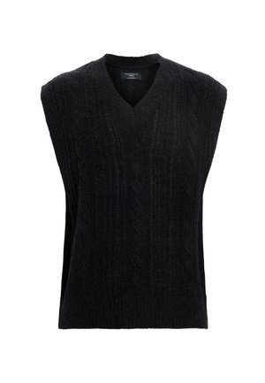 Black sleeveless sweater vest with a V-neck, featuring a textured cable knit pattern and soft fabric. Straight hem at the bottom.