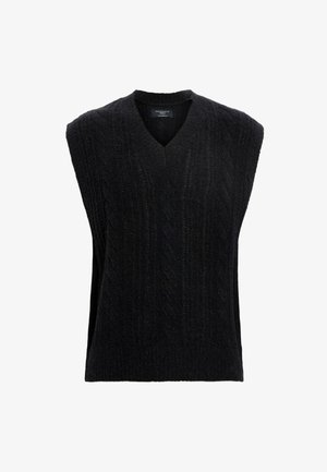Chaleco sin mangas negro con escote en V, con un patrón de punto trenzado texturizado y tejido suave. Bajo recto en la parte inferior.
