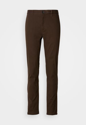 Dark brown straight-leg trousers with belt loops, button closure, and a smooth front, displayed against a plain light background.