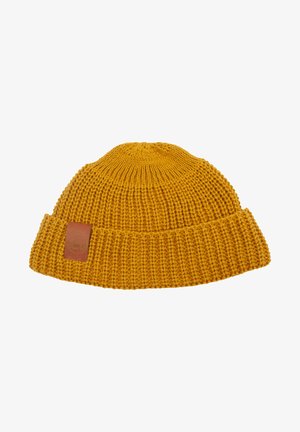 Dziana żółta czapka beanie z fakturowanym wzorem, z podwiniętym ściągaczem i akcentem w postaci brązowej skórzanej metki.