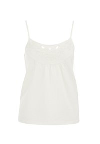 White sleeveless top with embroidered floral pattern at neckline, featuring a gathered bust and a textured fabric.