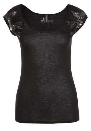 Schwarzes Kurzarm-Oberteil mit rundem Ausschnitt und glänzenden schwarzen Pailletten in Blumenform auf den Schultern, halbtransparentes Material.