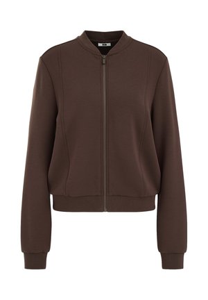Jachetă bomber maro cu fermoar, manșete și talie tip reiată, și guler rotund, afișată pe un fundal alb.