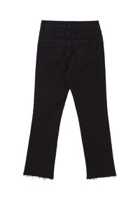 Jeans in denim nero con orlo grezzo, caratterizzati da vita alta, cinque tasche e un classico design a gamba dritta. Tessuto testurizzato con leggeri segni di usura.