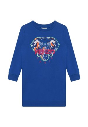 Sudadera azul de mangas largas, con un diseño gráfico de un elefante y texto "KENZO PARIS" en colores vibrantes. Material de algodón.