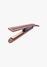 Hårglatter med et rosegull plastikkhus, gull keramikkplater og et digitalt temperaturskjerm; har hull for luftstrøm.