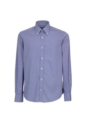 Košile s dlouhým rukávem se zapínáním na knoflíky, s malými modrými a bílými proužky, zapnutým límečkem a jemně vyšívaným logem na levé straně hrudi.