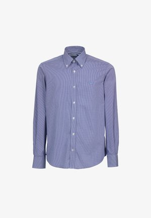 Langærmet skjorte med knapper, med små blå og hvide striber, knappet krave og diskret broderet logo på venstre bryst.