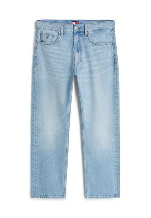 Jasnoniebieskie spodnie jeans o prostych nogawkach, z przednimi kieszeniami, zapięciem na guzik i suwak oraz subtelnymi przetarciami na udach i kolanach.