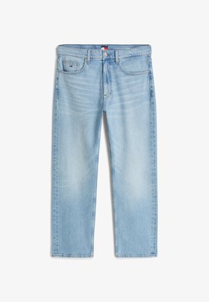 Jasnoniebieskie spodnie jeans o prostych nogawkach, z przednimi kieszeniami, zapięciem na guzik i suwak oraz subtelnymi przetarciami na udach i kolanach.