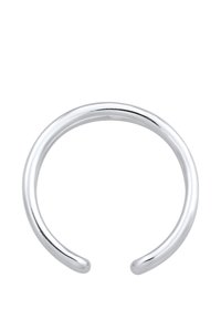 Sølv metal armbånd med en glat, poleret overflade. Åbent design med afrundede ender, der har en slank, minimalistisk stil.