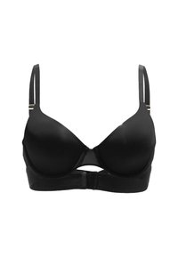 Reggiseno imbottito nero con spalline regolabili, texture liscia, supporto con ferretto e chiusura a gancio sul retro. Design semplice.