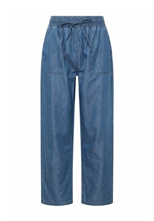 Denim broek met een elastische tailleband en een verstelbare trekkoord, voorzien van twee voorzakken en een losse, rechte pasvorm.