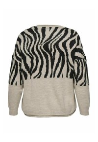 Beige trui met een zwart zebrapatroon op de bovenrug, voorzien van lange mouwen en een relaxte pasvorm. Zachte textuur.