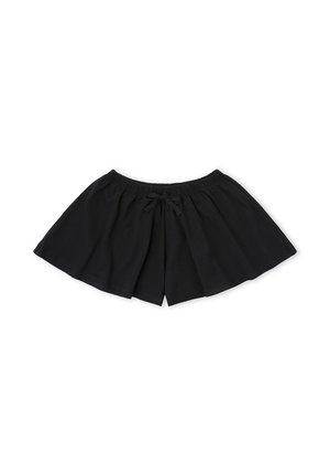 Pantalones cortos negros de pierna ancha con cinturilla elástica y un pequeño lazo frontal, colocados planos sobre un fondo blanco.