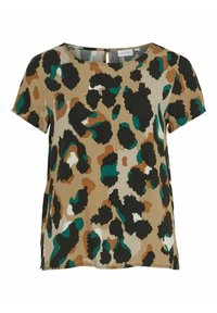 Top a maniche corte con stampa leopardata beige e verde, caratterizzato da accenti marroni scuri, neri e bianchi. Collo rotondo e dettaglio chiave sul retro.