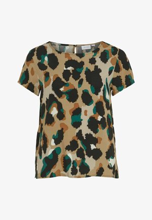 Kurzärmliges Oberteil mit einem beigen und grünen Leopardenmuster, ausgestattet mit dunklen Braun-, Schwarz- und weißen Akzenten. Runder Ausschnitt und Schlüsselholenausschnitt auf der Rückseite.