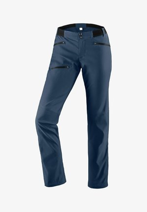 Marineblaue Hose aus leichtem Stoff, mit zwei Reißverschlusstaschen und einem sicheren Bund mit Knopfverschluss.